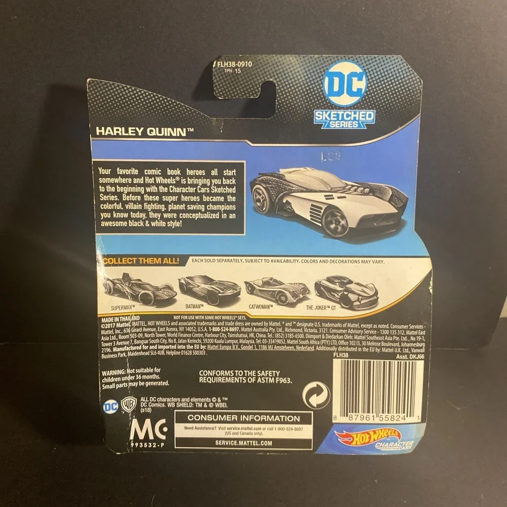 2017 Hot Wheels DC Sketched Series 5/5 Character Car Harley Quinn Black-White